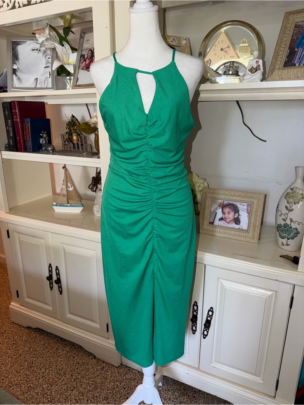 B Darlin Emerald Green Ruched Keyhole Midi Dress